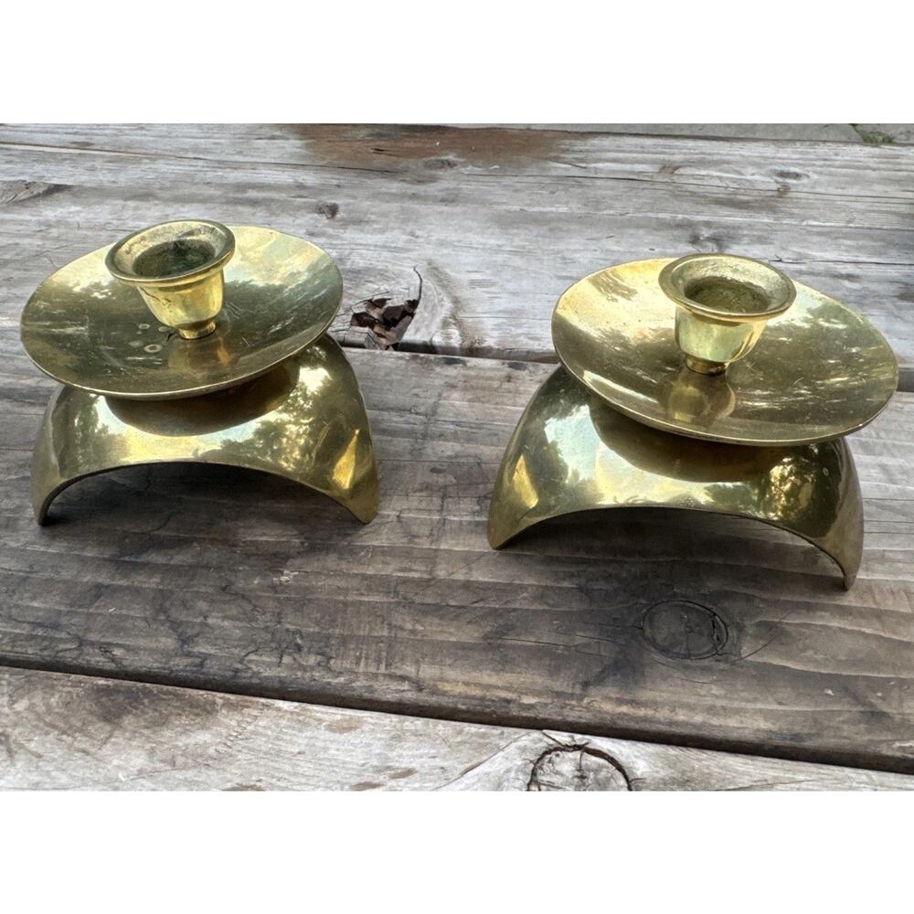 Vintage Pair Of MCM Small Brass Candle Holders Unmarked 4-3/4”